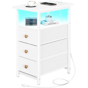 imageYoobure End Table with Charging Station LED Narrow Side Table Bedside Table Small Night Stand End Tables Living Room Skinny Nightstand with 3 Fabric Drawers Side Tables Bedroom for Small SpacesWhite