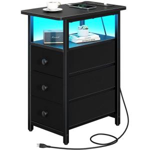 imageYoobure End Table with Charging Station LED Narrow Side Table Bedside Table Small Night Stand End Tables Living Room Skinny Nightstand with 3 Fabric Drawers Side Tables Bedroom for Small SpacesBlack