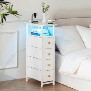 imageYoobure Narrow Dresser for Bedroom LED Slim Dresser with Charging Station Small Dressers Chest of Drawers Fabric Dresser Tall Skinny Cabinet Night Stand for Dorm Small Spaces Closet BathroomWhite