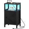imageYoobure Farmhouse Nightstand with Charging Station Wood Night Stand End Table with USB Ports LED Bed Side Table with Storage Cabinet Bedside Table for Bedroom Living Room BlackBlack