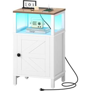 imageYoobure Farmhouse Nightstand with Charging Station Wood Night Stand End Table with USB Ports LED Bed Side Table with Storage Cabinet Bedside Table for Bedroom Living Room BlackWhite
