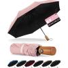imageYoobure Windproof Travel Umbrella with Wood Handle Automatic Umbrellas for Rain ampamp UV Sun Protection Compact 46quot Large Canopy Lightweight Backpack Portable for Walking ampamp OutdoorPink