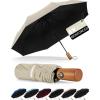 imageYoobure Windproof Travel Umbrella with Wood Handle Automatic Umbrellas for Rain ampamp UV Sun Protection Compact 46quot Large Canopy Lightweight Backpack Portable for Walking ampamp OutdoorBeige
