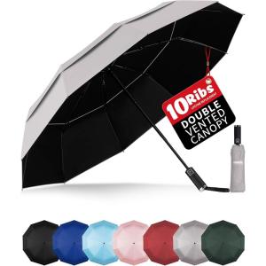 imageYoobure Double Vented Canopy Travel Umbrella Automatic Umbrellas for Rain Windproof Compact Umbrella for Car UV Umbrella Sun Umbrella for Walking Portable Large Umbrella for Backpack LightweightGrey