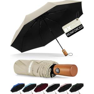 imageYoobure Windproof Travel Umbrella with Wood Handle Automatic Umbrellas for Rain ampamp UV Sun Protection Compact 46quot Large Canopy Lightweight Backpack Portable for Walking ampamp OutdoorBeige