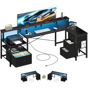 imageYoobure L Shaped Desk with Drawers Gaming Desk with LED Lights ampamp Outlets 75quot Reversible Computer Desk with Storage File Cabinet ampamp Printer Stand Corner Desk Office Desk with Dual Monitor Stand BlackBlack