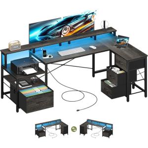 imageYoobure L Shaped Desk with Drawers Gaming Desk with LED Lights ampamp Outlets 75quot Reversible Computer Desk with Storage File Cabinet ampamp Printer Stand Corner Desk Office Desk with Dual Monitor Stand BlackGrey