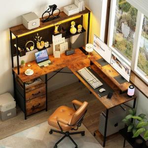 imageYoobure L Shaped Desk with Pegboard Reversible Computer Desk with Drawers ampamp Storage Shelves Gaming Desk with LED Lights ampamp Power Outlets Office Desk with Monitor Stand Corner Desk Home Office DesksVintage Brown