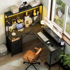 imageYoobure L Shaped Desk with Pegboard Reversible Computer Desk with Drawers ampamp Storage Shelves Gaming Desk with LED Lights ampamp Power Outlets Office Desk with Monitor Stand Corner Desk Home Office DesksCarbon Fiber Black
