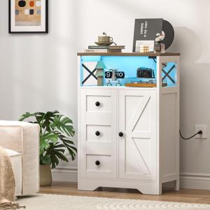 imageYoobure Storage Cabinet with Doors and Shelves LED Coffee Bar Cabinet with Power Outlet Farmhouse Kitchen Buffet Cabinet with Drawers Accent Pantry Cabinet Sideboard for Living Room Entryway BedroomWhite