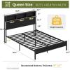 imageYoobure Queen Size Bed Frame with Headboard Queen Bed Frames with Charging Station and LED Lights Metal Platform Wood Bed Frame with Storage Strong Metal Slats Noise Free No Box Spring NeededBlack