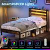 imageYoobure Queen Size Bed Frame with Headboard Queen Bed Frames with Charging Station and LED Lights Metal Platform Wood Bed Frame with Storage Strong Metal Slats Noise Free No Box Spring NeededVintage Brown