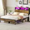 imageYoobure Queen Size Bed Frame with Headboard Queen Bed Frames with Charging Station and LED Lights Metal Platform Wood Bed Frame with Storage Strong Metal Slats Noise Free No Box Spring NeededVintage Brown