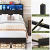 imageYoobure Queen Size Bed Frame with Headboard Queen Bed Frames with Charging Station and LED Lights Metal Platform Wood Bed Frame with Storage Strong Metal Slats Noise Free No Box Spring NeededBlack