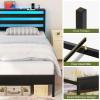 imageYoobure Queen Size Bed Frame with Headboard Queen Bed Frames with Charging Station and LED Lights Metal Platform Wood Bed Frame with Storage Strong Metal Slats Noise Free No Box Spring NeededBlack