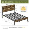 imageYoobure Queen Size Bed Frame with Headboard Queen Bed Frames with Charging Station and LED Lights Metal Platform Wood Bed Frame with Storage Strong Metal Slats Noise Free No Box Spring NeededVintage Brown