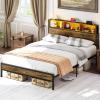 imageYoobure Queen Size Bed Frame with Headboard Queen Bed Frames with Charging Station and LED Lights Metal Platform Wood Bed Frame with Storage Strong Metal Slats Noise Free No Box Spring NeededVintage Brown