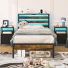 imageYoobure Queen Size Bed Frame with Headboard Queen Bed Frames with Charging Station and LED Lights Metal Platform Wood Bed Frame with Storage Strong Metal Slats Noise Free No Box Spring NeededVintage Brown