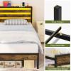 imageYoobure Queen Size Bed Frame with Headboard Queen Bed Frames with Charging Station and LED Lights Metal Platform Wood Bed Frame with Storage Strong Metal Slats Noise Free No Box Spring NeededVintage Brown