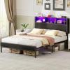 imageYoobure Queen Size Bed Frame with Headboard Queen Bed Frames with Charging Station and LED Lights Metal Platform Wood Bed Frame with Storage Strong Metal Slats Noise Free No Box Spring NeededBlack
