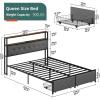 imageYoobure Twin Bed Frames with Storage Headboard Led Bed Frame with Charging Station Metal Platform Bed Wood Bedframe with Heavy Duty Slats NoiseFree No Box Spring Needed Easy AssemblyRustic