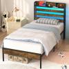 imageYoobure Twin Bed Frames with Storage Headboard Led Bed Frame with Charging Station Metal Platform Bed Wood Bedframe with Heavy Duty Slats NoiseFree No Box Spring Needed Easy AssemblyRustic
