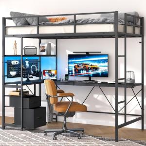 imageYoobure Loft Bed Twin Size with LShaped Desk LED Lights Charging Station LED Metal Twin Loft Bed Frame with 2 Storage Drawers Safety Guard ampamp Ladder for Kid Junior Adult Heavy Duty SpaceSavingBlack