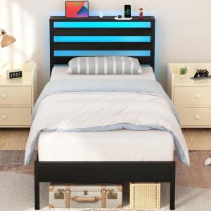 imageYoobure Queen Size Bed Frame with Headboard Queen Bed Frames with Charging Station and LED Lights Metal Platform Wood Bed Frame with Storage Strong Metal Slats Noise Free No Box Spring NeededBlack