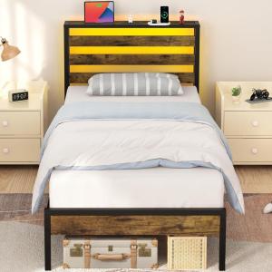 imageYoobure Queen Size Bed Frame with Headboard Queen Bed Frames with Charging Station and LED Lights Metal Platform Wood Bed Frame with Storage Strong Metal Slats Noise Free No Box Spring NeededVintage Brown