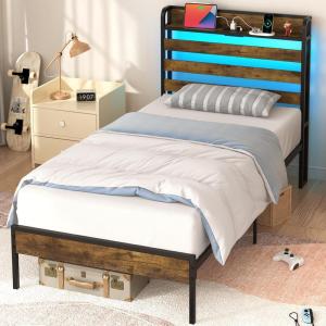 imageYoobure Twin Bed Frames with Storage Headboard Led Bed Frame with Charging Station Metal Platform Bed Wood Bedframe with Heavy Duty Slats NoiseFree No Box Spring Needed Easy AssemblyRustic