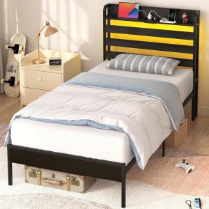 imageYoobure Twin Bed Frames with Storage Headboard Led Bed Frame with Charging Station Metal Platform Bed Wood Bedframe with Heavy Duty Slats NoiseFree No Box Spring Needed Easy AssemblyBlack