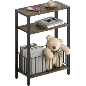 imageYoobure Narrow Side Table with Storage Basket Small End Table for Small Spaces Skinny Side Tables Living Room Bedroom Office Slim Nightstand 3 Tier Bedside Table SpaceSaving for Magazine BlackRustic Brown