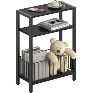 imageYoobure Narrow Side Table with Storage Basket Small End Table for Small Spaces Skinny Side Tables Living Room Bedroom Office Slim Nightstand 3 Tier Bedside Table SpaceSaving for Magazine BlackBlack