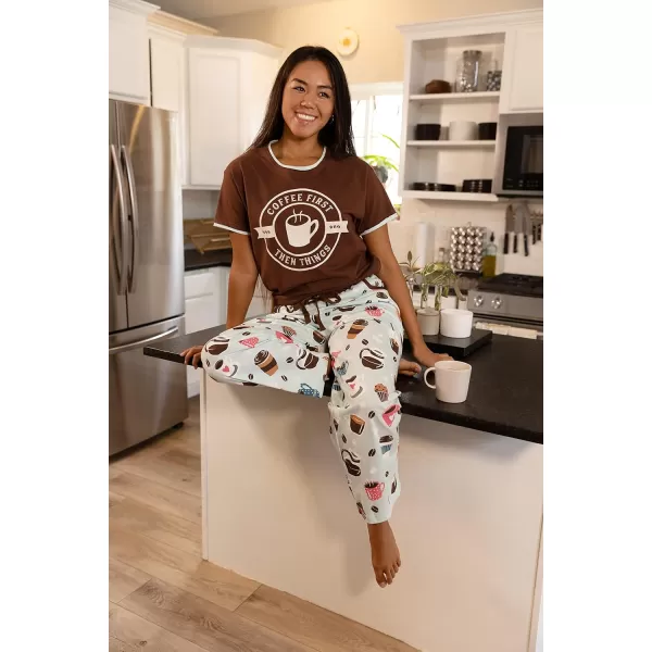 Lazy One Womens Pajama Set Short Sleeves with Cute Prints Relaxed FitCoffee First Pajama Set