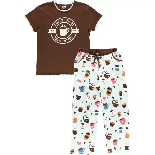 Lazy One Womens Pajama Set Short Sleeves with Cute Prints Relaxed FitCoffee First Pajama Set