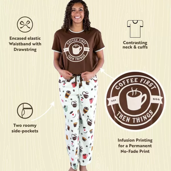 Lazy One Womens Pajama Set Short Sleeves with Cute Prints Relaxed FitCoffee First Pajama Set
