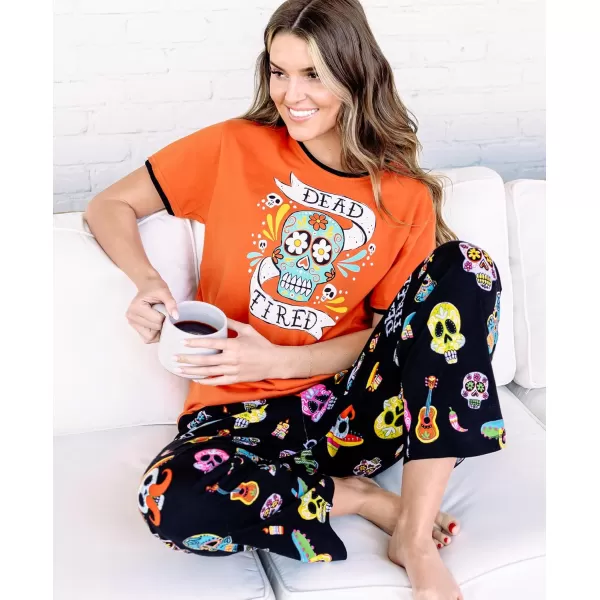 Lazy One Womens Pajama Set Short Sleeves with Cute Prints Relaxed FitDead Tired Orange Womens Pj Set