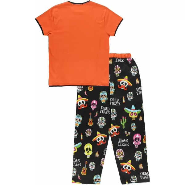 Lazy One Womens Pajama Set Short Sleeves with Cute Prints Relaxed FitDead Tired Orange Womens Pj Set