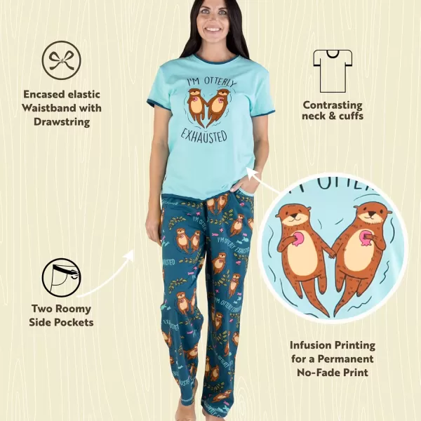 Lazy One Womens Pajama Set Short Sleeves with Cute Prints Relaxed FitIm Otterly Exhausted Pajama Set