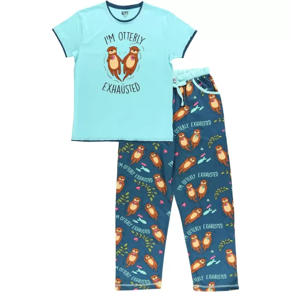 Lazy One Womens Pajama Set Short Sleeves with Cute Prints Relaxed FitIm Otterly Exhausted Pajama Set