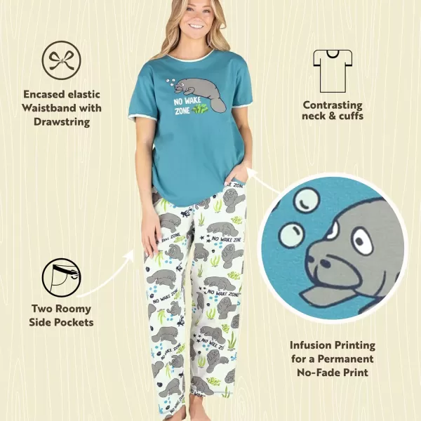 Lazy One Womens Pajama Set Short Sleeves with Cute Prints Relaxed FitNo Wake Zone Manatee Pajama Set