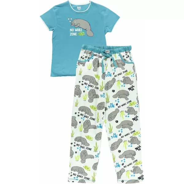 Lazy One Womens Pajama Set Short Sleeves with Cute Prints Relaxed FitNo Wake Zone Manatee Pajama Set