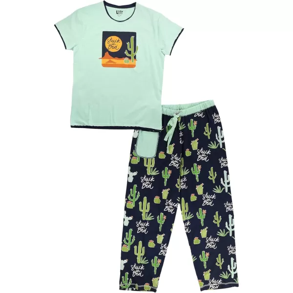 Lazy One Womens Pajama Set Short Sleeves with Cute Prints Relaxed FitStuck in Bed Cactus Pajama Set