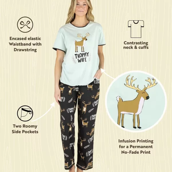 Lazy One Womens Pajama Set Short Sleeves with Cute Prints Relaxed FitTrophy Wife Blue Pajama Set