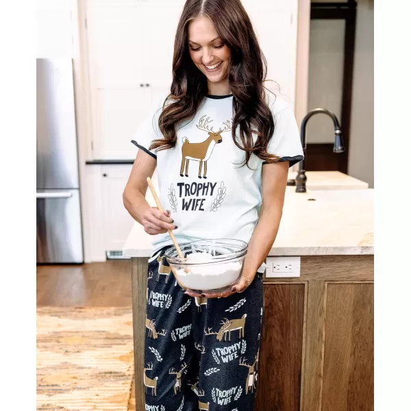 Lazy One Womens Pajama Set Short Sleeves with Cute Prints Relaxed FitTrophy Wife Blue Pajama Set
