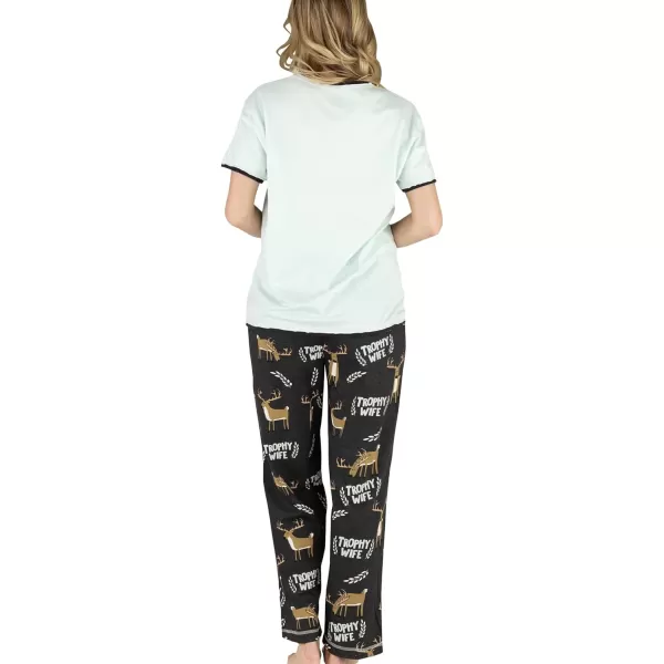 Lazy One Womens Pajama Set Short Sleeves with Cute Prints Relaxed FitTrophy Wife Blue Pajama Set