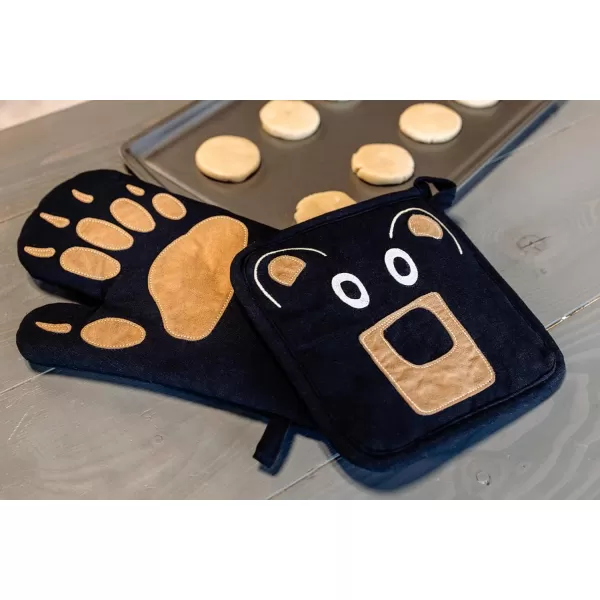 LazyOne Funny Bear Oven Mitt and Pot Holder Set Cute Kitchen Accessories for Home Set of 1 Matching Oven Glove and 1 Hot PadBlack Bear