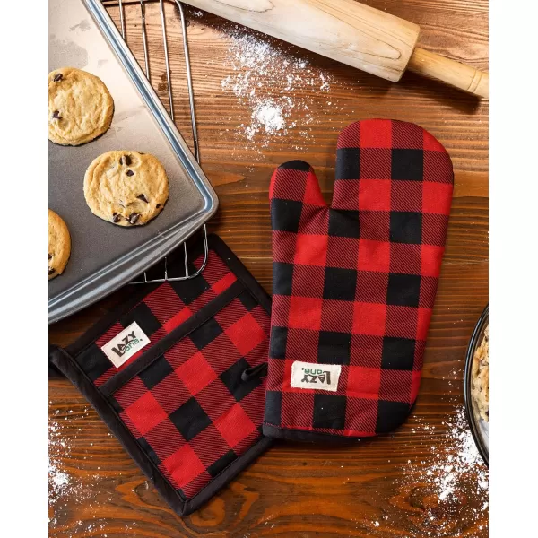 LazyOne Funny Bear Oven Mitt and Pot Holder Set Cute Kitchen Accessories for Home Set of 1 Matching Oven Glove and 1 Hot PadRed Plaid