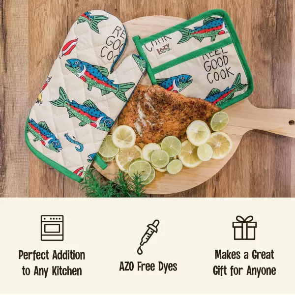 LazyOne Funny Bear Oven Mitt and Pot Holder Set Cute Kitchen Accessories for Home Set of 1 Matching Oven Glove and 1 Hot PadReel Good Cook