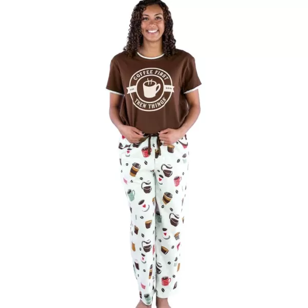 Lazy One Womens Pajama Set Short Sleeves with Cute Prints Relaxed FitCoffee First Pajama Set
